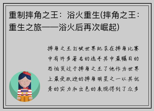 重制摔角之王：浴火重生(摔角之王：重生之旅——浴火后再次崛起)